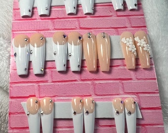 French long coffin press on nails, bling French nails, white French tip nails, gel crystal nails, ready to ship nails, 3d flower nails