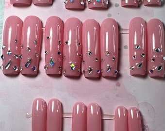 Pink square Press On Nails, XXL Glue On Nails, bling shiny Stick On Nails, acrylic birthday Fake Nails, bling gel nails