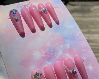 Pink bling press on nails, custom shape nails, ready to ship nails, diamond nails, Luxury Acrylic Nails, size medium