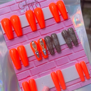 Orange coffin Press On Nails, neon bright shiny coffin nails, animal print custom nails, ready to ship nails, summer glue on nails