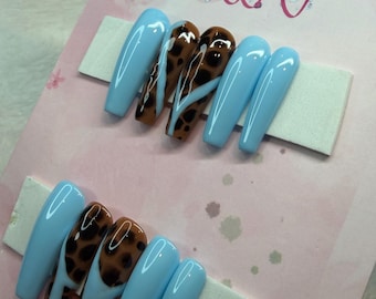 Blue coffin Press On Nails, tortoise gel art, Custom Size Small, spring nails