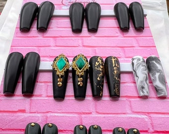 Matte black coffin Press On Nails | dark green Custom gel nails | dark Ready to ship nails | marble luxury fake nails