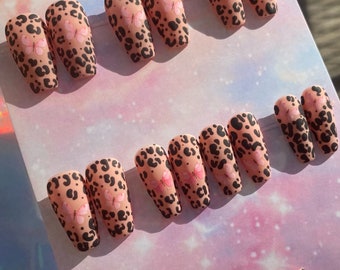 Leopard Press On Nails, nude stick on nails, Luxury nails, ready to ship nails, pink butterfly nails