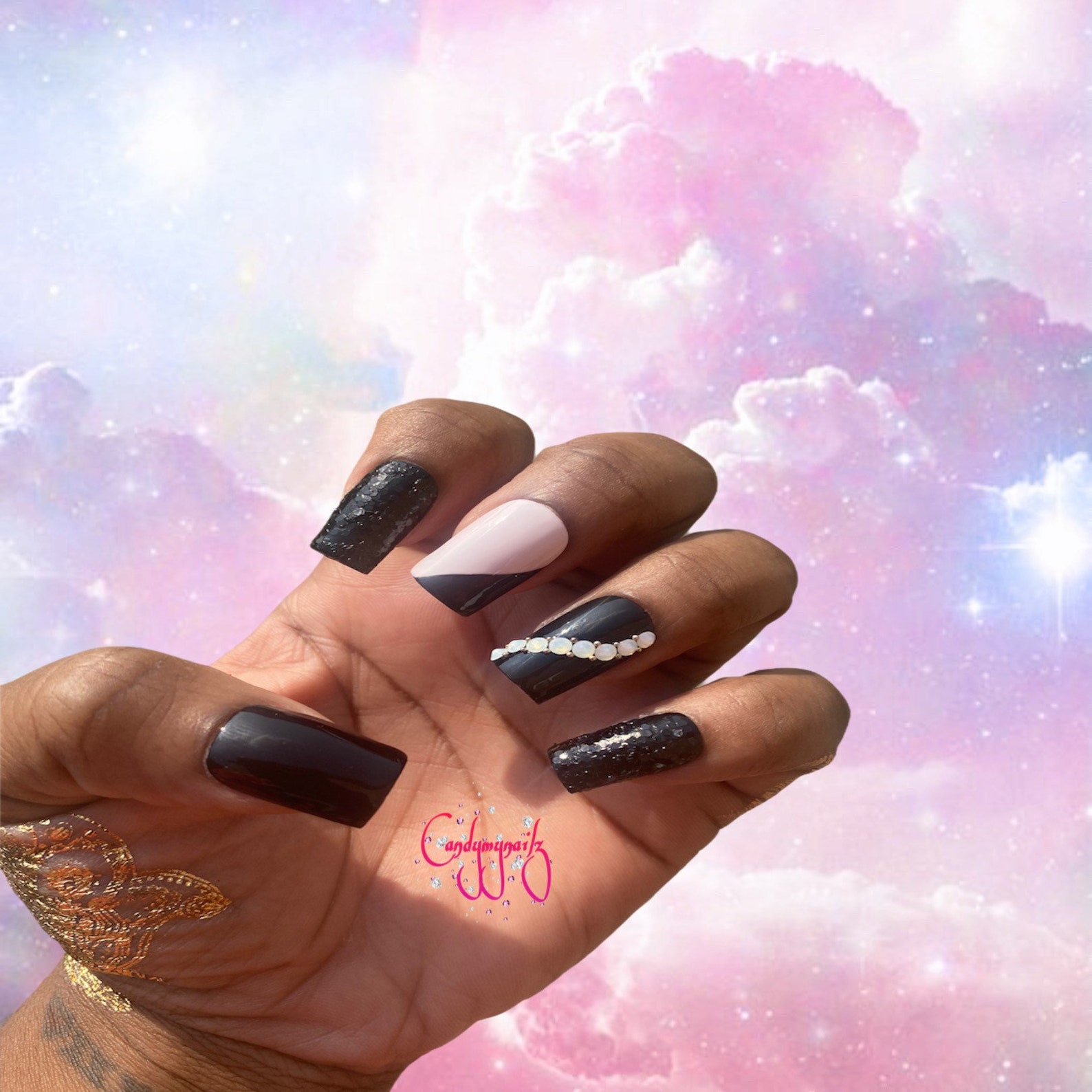 pink and black press on nails