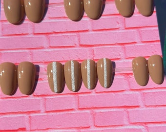 Abstract Brown Press On Nails | Short almond nude nails | neutral custom nails | glitter nails