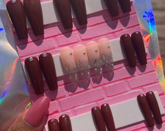 Brown coffin press on nails | long bling coffin nails | bling nude stick on Nails