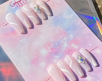 Milky White Press On nails, abstract glue on nails, coffin ready to ship nails