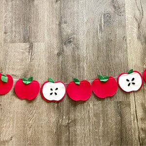 May include: A red felt apple garland with green leaves. The apples are cut in half to show the white inside. The garland is strung on a white twine.
