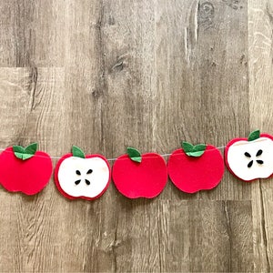 May include: A red felt apple garland with green leaves and white felt apple slices. The garland is strung on twine and is perfect for a fall or autumn themed party.