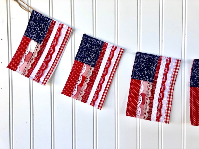 Handmade 4th of July patriotic Star Spangled Banner Garland. Come be inspired by 4th of July Tablescapes, Patriotic Decor & USA Finds: Happy Birthday, America in case you're in the mood for American flag and red, white, and blue festive finds.