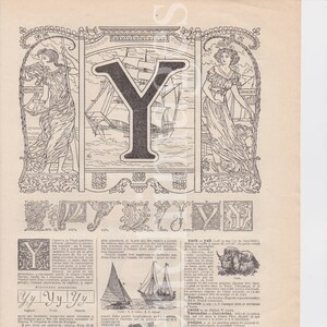 Französischer Buchstabe Y 1920er Vintage Originaldruck Illustration Kinderzimmer Kind Schlafzimmer Mutter Geburt Geschenk Wandkunst Name Tropfen Initial Kapital Kopf