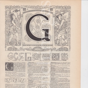 Letra francesa G 1920 vintage impressão original ilustração Berçário criança quarto mãe presente de nascimento arte de parede nome gota inicial capital cabeça