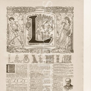 Francés Letra L 1920's vintage original impresión ilustración Vivero niño dormitorio madre nacimiento regalo pared arte nombre gota Capital inicial cabeza