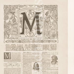 Francés Letra M 1920's vintage original impresión ilustración Vivero niño dormitorio madre nacimiento regalo pared arte nombre gota Capital inicial cabeza
