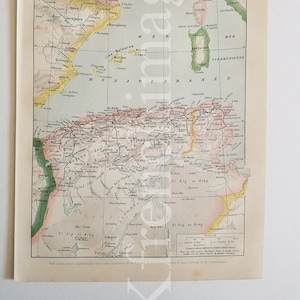 Algérie et Tunisie Carte Français vintage original couleur impression des années 1920 pour encadrer l'art mural Antique