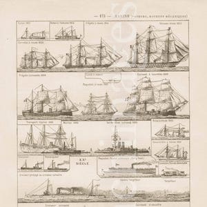 Barcos de vapor, barcos de rueda, barcos de motor, líneas francesas, placa de ilustración de impresión original vintage, marco o álbum de recortes firmado Navy Marine Yachts