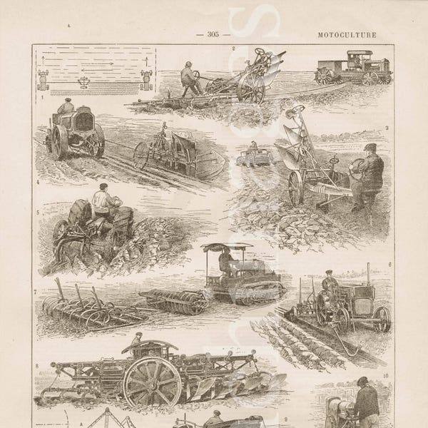 jaren 1920 Franse vintage originele print van gemotoriseerde roterende cultivator rotovator Landbouwmachines om A4 te framen ondertekend Dessertenne kunst aan de muur