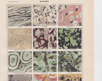 Rocks, Stones French vintage original print to frame A4 signed Dessertenne wall art 1920&#39;s serpentine, diorite, porphyre, gneiss, granite