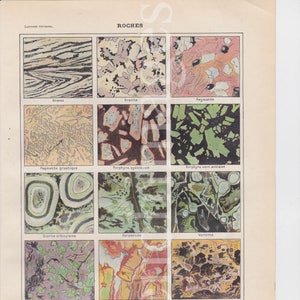 Rocks, Stones Französischer Vintage-Originaldruck zum Rahmen A4 signiert Dessertenne Wandkunst 1920 Serpentin, Diorit, Porphyr, Gneis, Granit