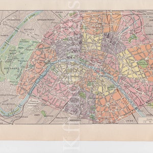Parijs kaart Franse vintage originele kleur print jaren 1920 om kunst aan de muur te framen, poster 3