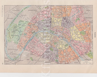 Paris Map French vintage original color print 1920&#39;s to frame wall art , poster 3