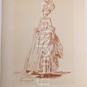 1950 Trinquesse French vintage art print to frame mid 20th century,  drawing fashion dress 18th century Paris