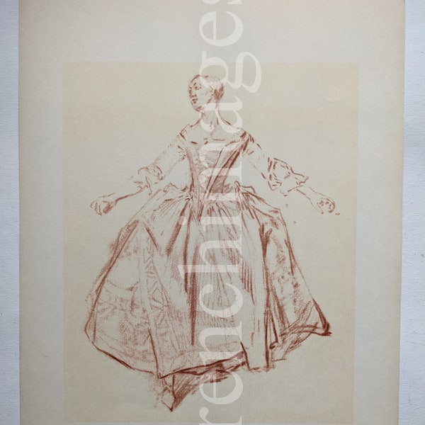 1950 Nicolas LANCRET La Camargo Dancer French vintage art print to frame mid 20th century, drawing fashion dress 18th century Paris