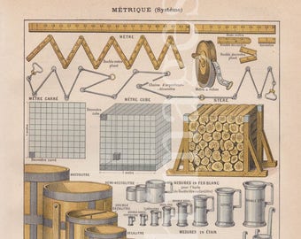 Metric system french vintage original print color drawings illustration educational plate curiosity cabinet to frame or scrapbook