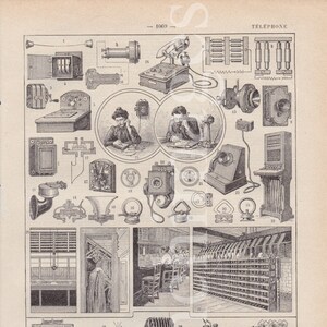May include: A vintage illustration of various telephone designs and components. The image includes a rotary dial phone, a wall-mounted phone, a headset, and a switchboard. The illustration is in black and white and has a detailed, intricate style.