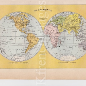 Planisfero vintage francese Mappa del mondo stampa a colori originale storia incorniciabile wall art poster 1920 geografia gabinetto educativo di curiosità