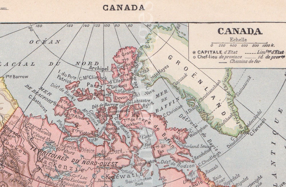 French Vintage Original Color Print Canada Map History Framable or