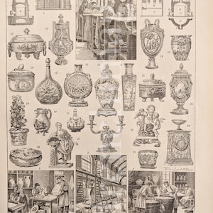1900 Antique Porcelain French Antique original print illustration plate, History of Porcelain, Sevres Saxe China Vincennes  12 x 9 inches