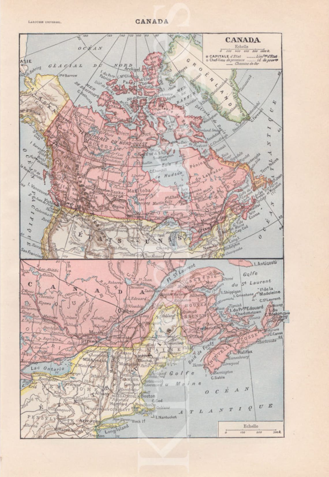 French Vintage Original Color Print Canada Map History Framable or 