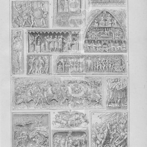 Op de afbeelding: Een zwart-witte illustratie van een reeks historische bas-reliëfs. De afbeeldingen tonen scènes uit de Bijbel, waaronder het verhaal van Adam en Eva, het Laatste Avondmaal en de Kruisiging. De illustraties zijn gedetailleerd en ingewikkeld, met de nadruk op de menselijke vorm.