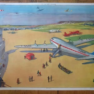 Targa educativa scuola vintage francese poster grande e bifacciale aeroporto aereo aeronautica aviazione arte murale della metà del XX secolo