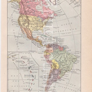 Französische Vintage Original Farbdruck Amerika Karte Geschichte rahmen oder scrapbooking A4 USA Kanada Mexiko Brasilien Argentinien Peru Chile Venezuela