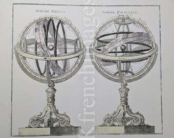 1980&#39;s print: French 18th century armillary spheres including zodiacal after Desnos circa 1780