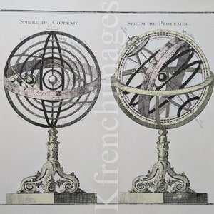 1980er Druck: Kopernik und Ptolemäus Armillarsphären einschließlich Tierkreis nach Desnos um 1780, Französisch des 18.Jahrhunderts