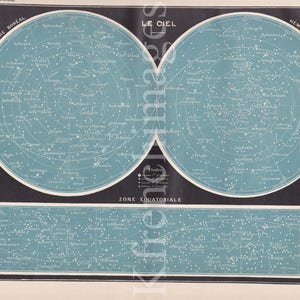 Carte du ciel Français vintage original plaque d'illustration d'impression, pour encadrer le dessin des années 1920, Astronomie 12 x 9 pouces