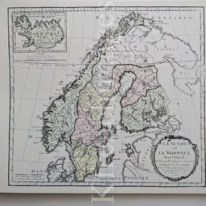 Französische 1766 Karte von Norwegen, Schweden und Island, 1980er Jahre Druck nach dem 18.Jahrhundert Original von Desnos