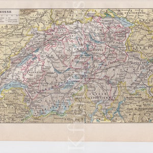 Svizzera Mappa stampa a colori originale vintage francese degli anni '20 per incorniciare l'arte della parete Suisse Geography