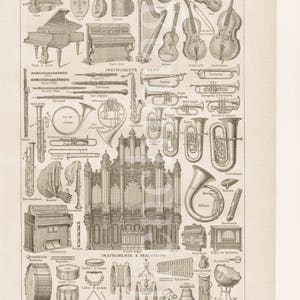 楽器のイラスト 1920年代 フランス ヴィンテージ オリジナルプリント フレームまたはスクラップブック 署名入り R Leblond 教育用プレート A4 壁アート 2