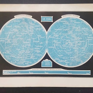 Mapa del cielo Placa de ilustración de impresión original francesa vintage, para enmarcar dibujo de 1940, Astronomía para enmarcar