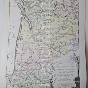 Carte de Aunis, Saintonge, Limousin, Bearn, Navarre, Bordeaux,, France au 18ème siècle, 1980. D'après l'original de 1771 par Desnos
