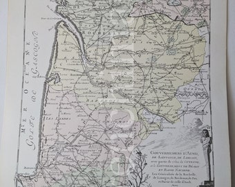 Carte de Aunis, Saintonge, Limousin, Bearn, Navarre, Bordeaux,, France au 18ème siècle, 1980. D'après l'original de 1771 par Desnos