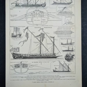 1920 French vintage original print Antique row boats ships marine illustrations large plate framable or scrapbooking