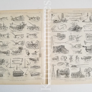 Set of two Agriculture farming, French vintage original prints illustration plates, to frame, drawings 1920&#39;s, farmer tools machines harvest