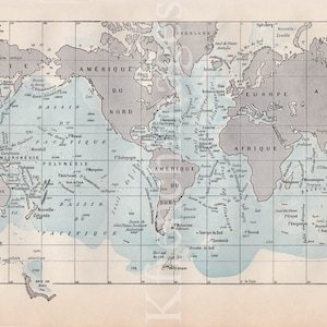 Französische Vintage Seeweltkarte mit Tiefe original Farbdruck Geschichte rahmenbares Wandplakat 1920 Geographie pädagogisches Kabinett der Neugierde