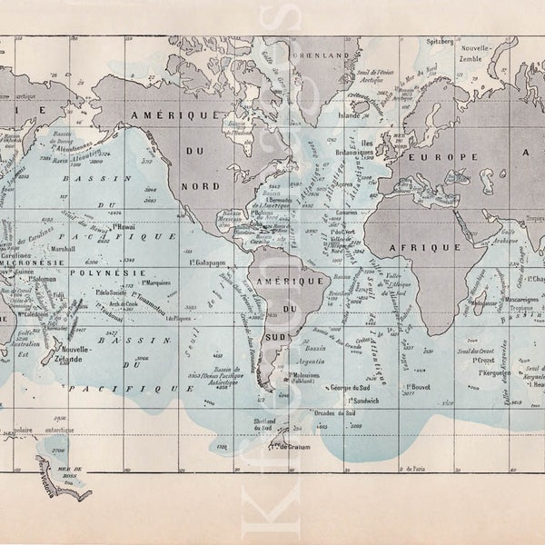 Französische Vintage Seeweltkarte mit Tiefe original Farbdruck Geschichte rahmenbares Wandplakat 1920 Geographie pädagogisches Kabinett der Neugierde