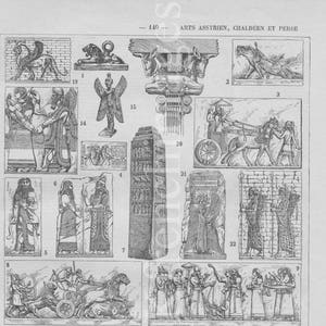 Années 1920 français vintage imprimé original Assyrien Chaldéen Persan Art Histoire Gilgames Nimrod Suse sculptures de lion ailé 2